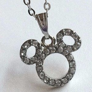 Disney Mickey Mouse Ears Necklace Disneyana Crystal Silver Plated 19" Signed